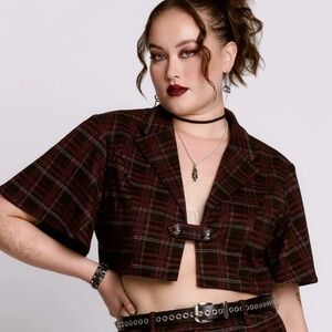 Plaid Cropped Button-Tab Top in Oxblood